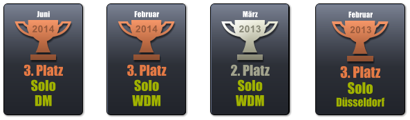 3. Platz Solo Dsseldorf 2013 Februar 2. Platz Solo WDM   2013 Mrz 3. Platz Solo WDM 2014 Februar 3. Platz Solo  DM 2014 Juni